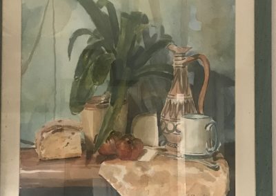 Still life con dalia, brocca, pane, pomodori