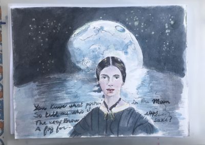 Ritratto di Emily Dickinson su uno sfondo notturno dominato da una grande luna che si riflette sul mare