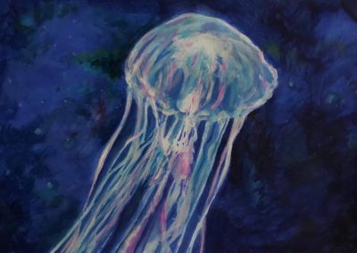 Medusa multicolorata fluttuante in un mare blu
