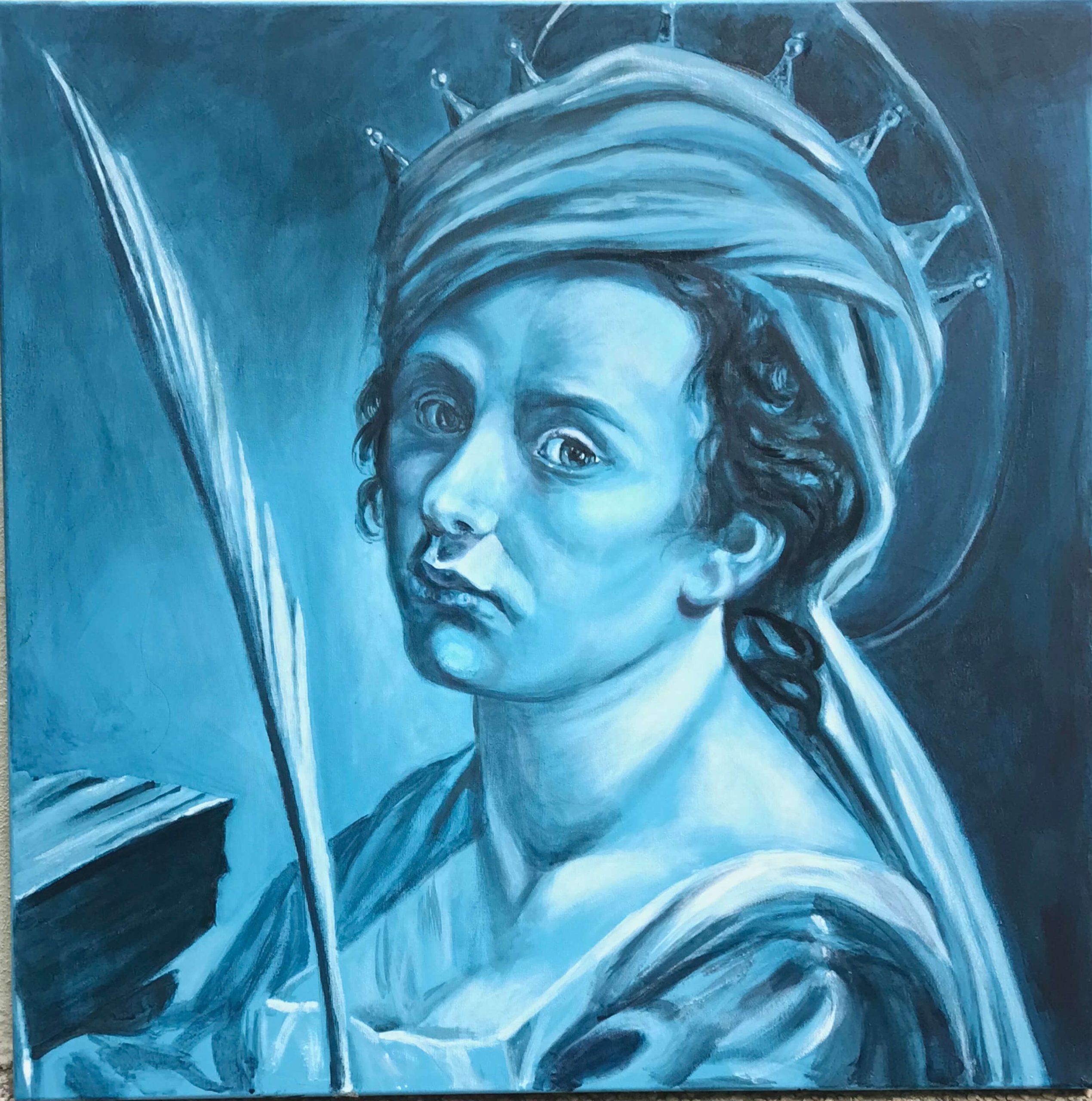 Artemisia Gentileschi - Acrilico su tela, 80x80 cm, 2022. DISPONIBILE Ritratto monocromo di Artemisia Gentileschi con pittura acrilica blu