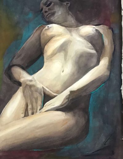 Nudo femminile disteso con viso in penombra