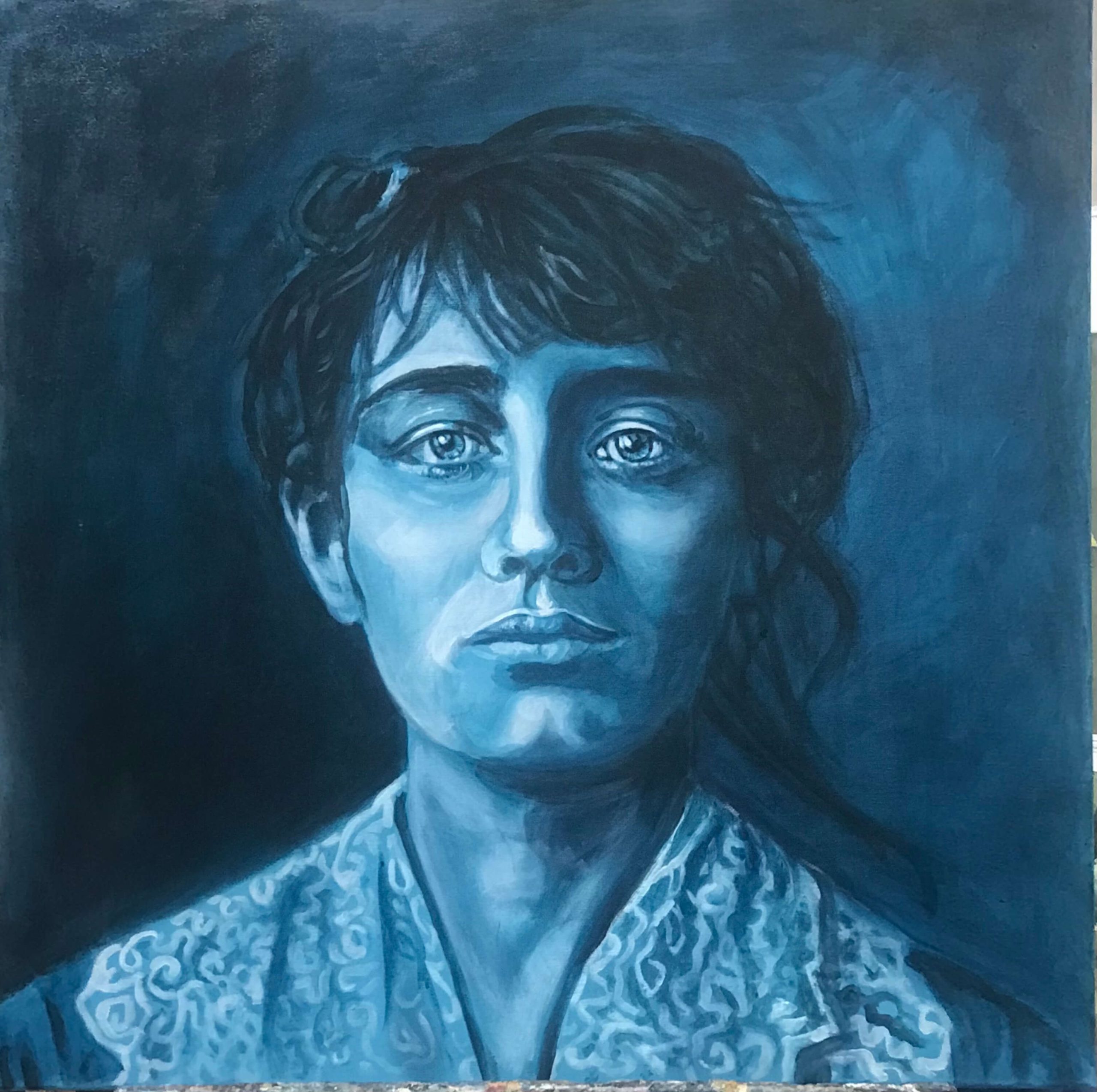 Camille Claudel - Acrilico su tela, 80x80 cm, 2022. DISPONIBILE Ritratto monocromo dell'artista Camille Claudel con pittura acrilica blu