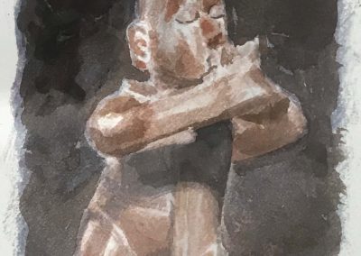 Acquarello di una ceramica della cultura Colima: uomo che suona una conchiglia