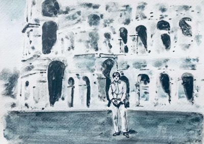 Ritratto ad acquarello monocromo di un giovane con alle spalle il Colosseo