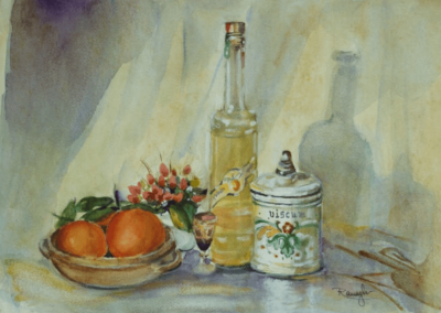 Still life con frutta, fiori, bottiglia di liquore e barattolo di ceramica decorato