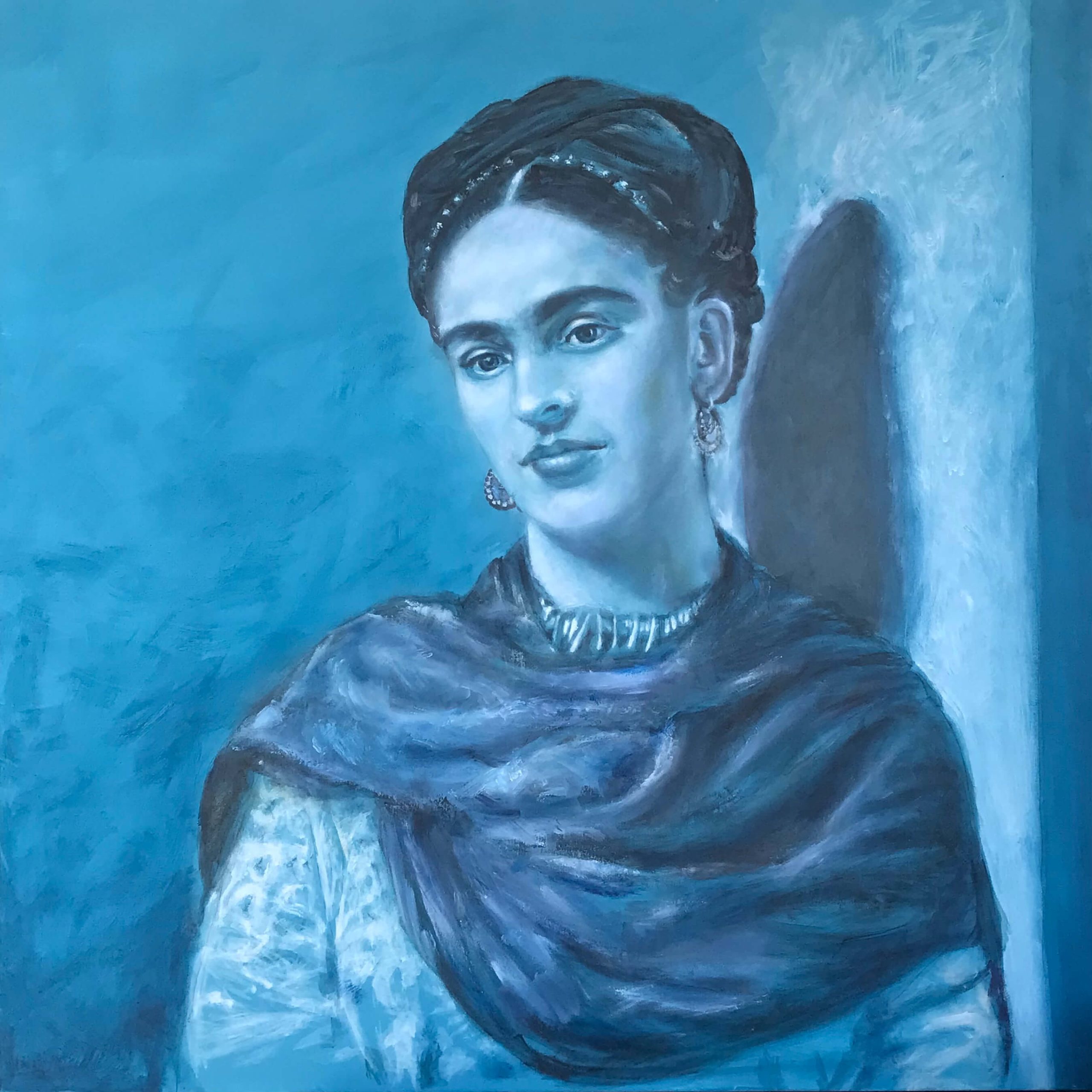Frida Khalo - Acrilico su tela, 80x80 cm, 2022. DISPONIBILE Ritratto monocromo dell'artista Frida Khalo con pittura acrilica blu