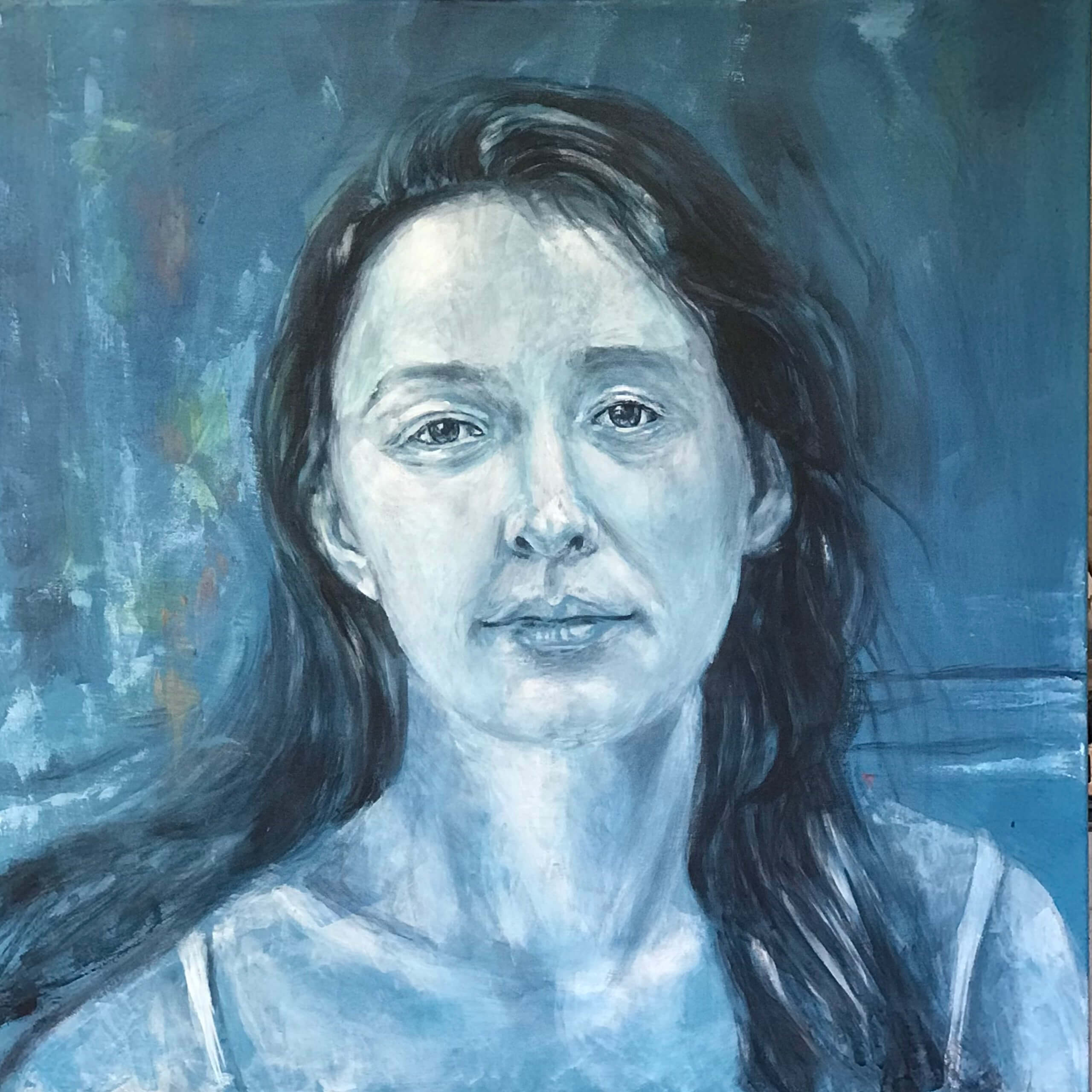 Giorgia 'O Keeffe - Acrilico su tela, 80x80 cm, 2022, DISPONIBILE Ritratto monocromo dell'artista Giorgia 'O Keeffe con pittura acrilica blu