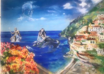 Una sirena e il dio Nettuno emergono dal mare di fronte Positano. Nel cielo una nuvola disegna il volto del pittore