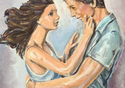 Dipinto ad acrilico di due giovani fidanzati che si abbracciano