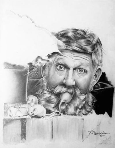 Disegno a matita dell'etologo Konrad Lorenz, ripreso in promo piano con un topo tra le labbra e guardato da un gatto bianco
