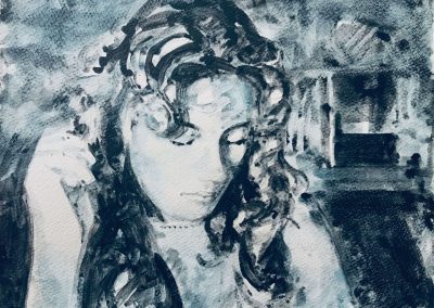 Ritratto ad acquarello monocromo di una giovane donna in atto di leggere