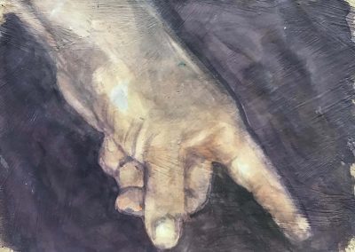 Dipinto di una mano con l'indice rivolto vero il basso