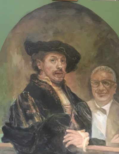 Dipinto con due autoritratti in abiti eleganti, di Rembrandt e di Salvatore Ramaglia. Dipinto di un autoritratto di Rembrandt e di Salvatore Ramaglia, la cui immagine è riflessa dal vetro del quadro di Rembrandt