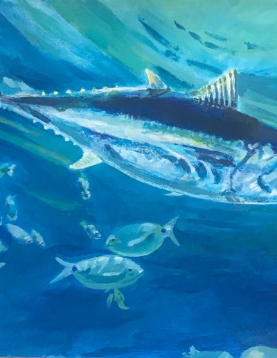 Un tonno nuota nel mare blu circondato da altri pesci più piccoli