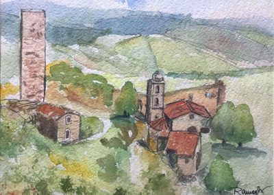 Il borgo di Pitino (Macerata) visto dall'alto, dipinto ad acquarello