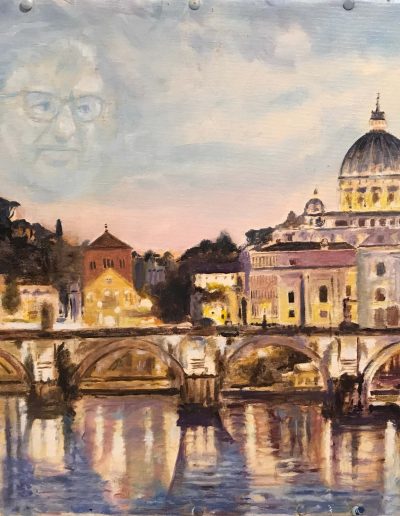Dipinto ad olio del Tevere e della Basilica di San Pietro di Roma, ripresi dal ponte di Castel Sant'Angelo