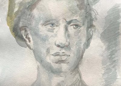 Ritratto ad acquarello di uomo rinascimentale calzante un cappello, da un disegno del Franciabigio
