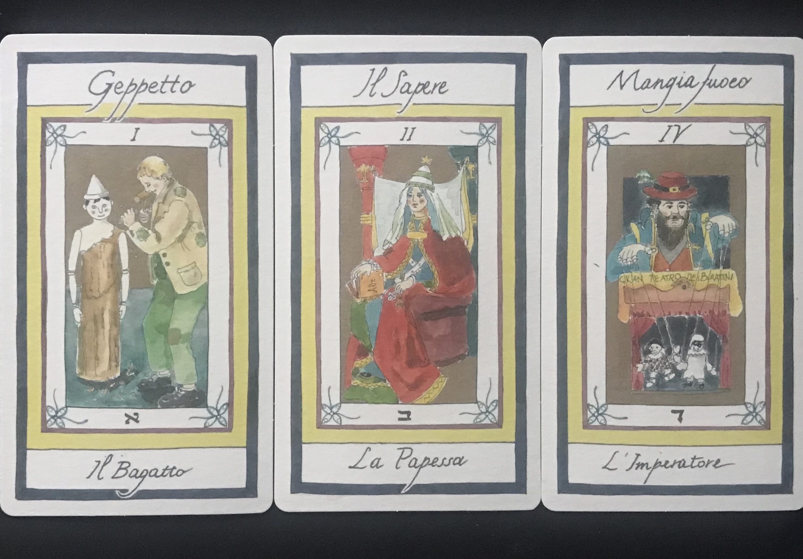 La Metamorfosi, XIX Tarocco maggiore nei Tarocchi di Pinocchio disegnato da Salvatore Ramaglia. Pinocchio che diventa bambino.