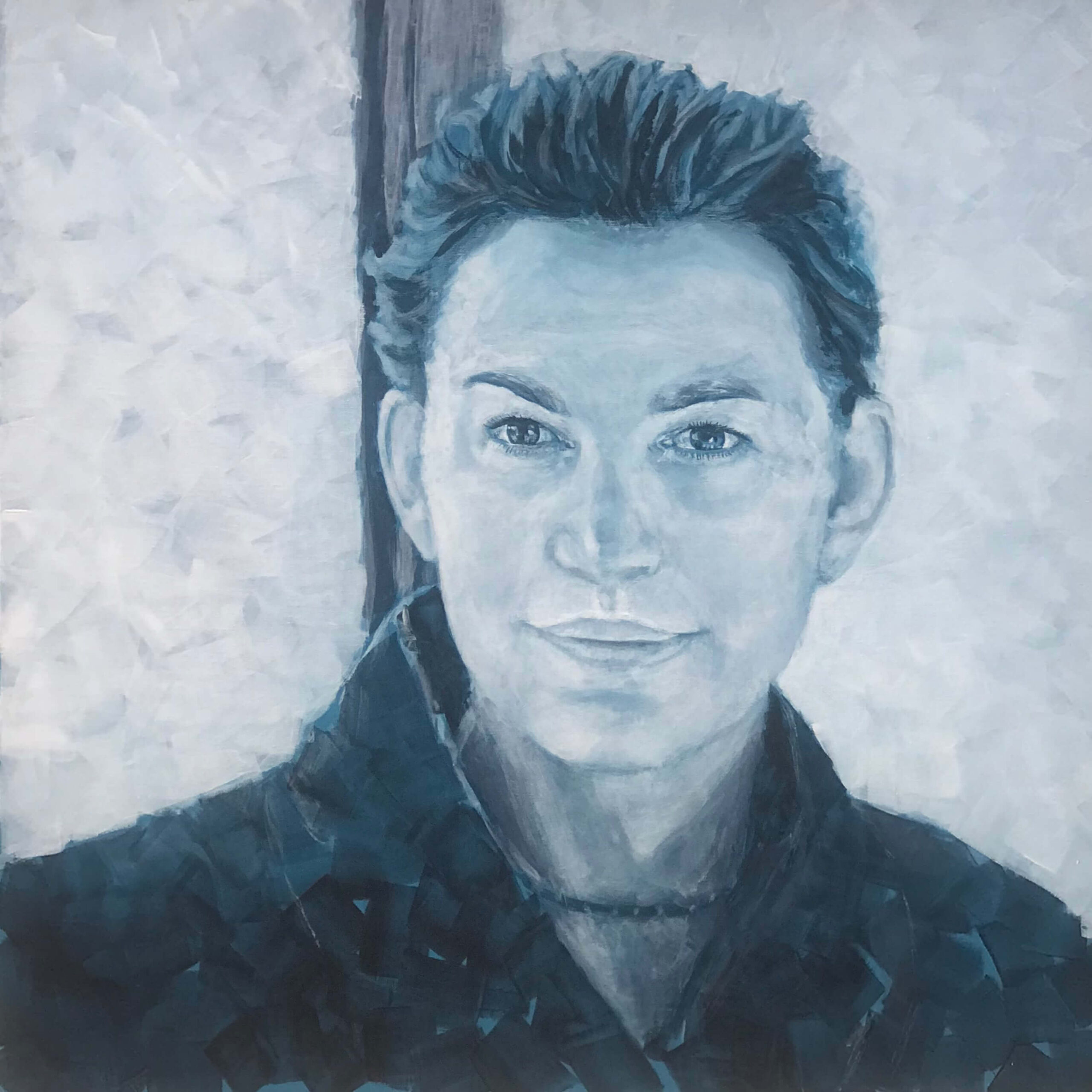 Elizabeth Peyton, acrilico su tela, 80x80 cm, 2022. DISPONIBILE Ritratto monocromo dell'artista Suzanne Peyton con pittura acrilica blu