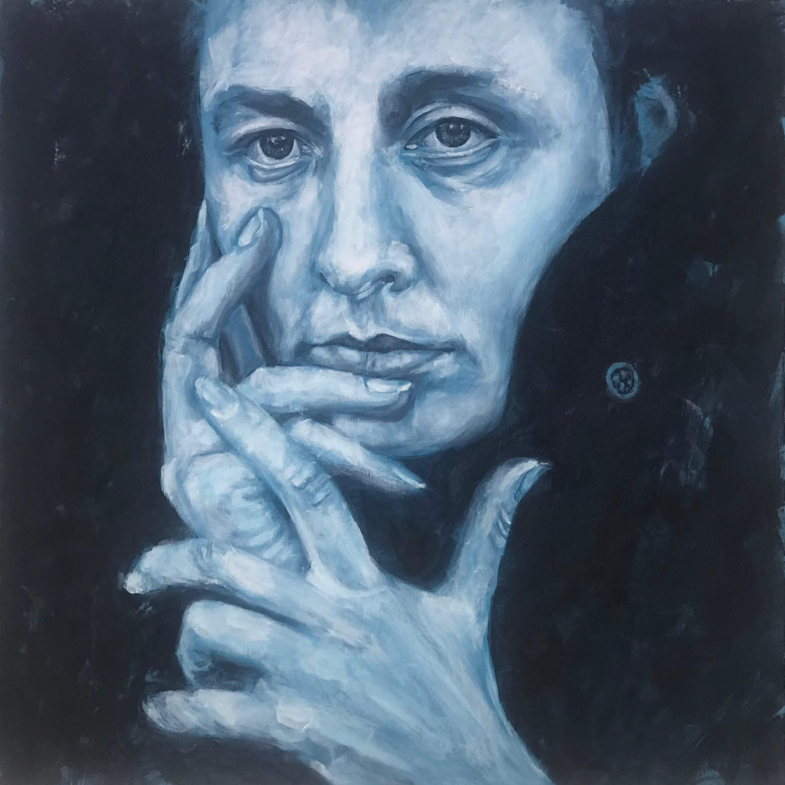 Georgia O'Keeffe, acrilico su tela, 80x80 cm, 2022. DISPONIBILE Ritratto monocromo dell'artista Giorgia 'O Keeffe con pittura acrilica blu